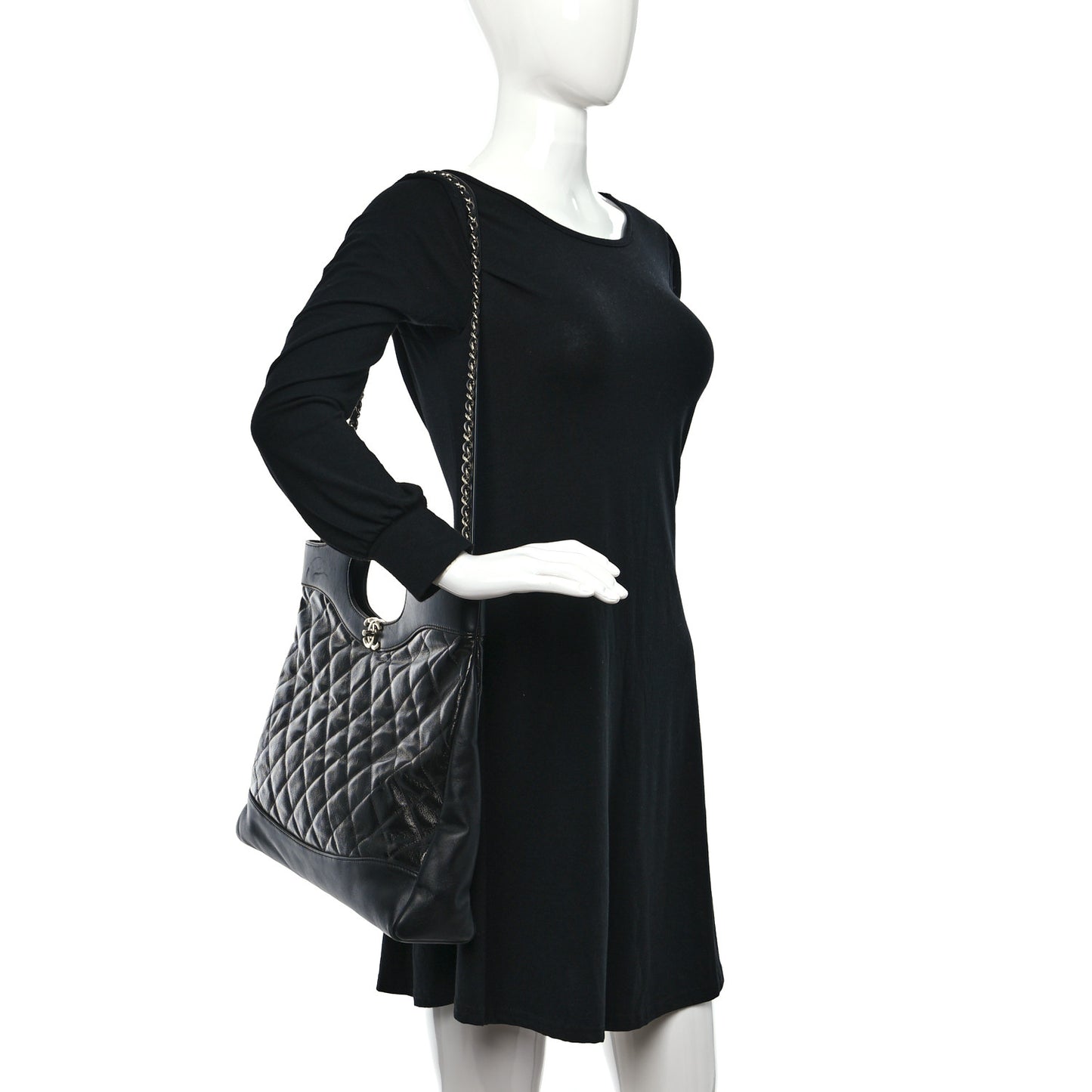 Shiny Aged Calfskin Quilted Large 31 Shopping Bag Black