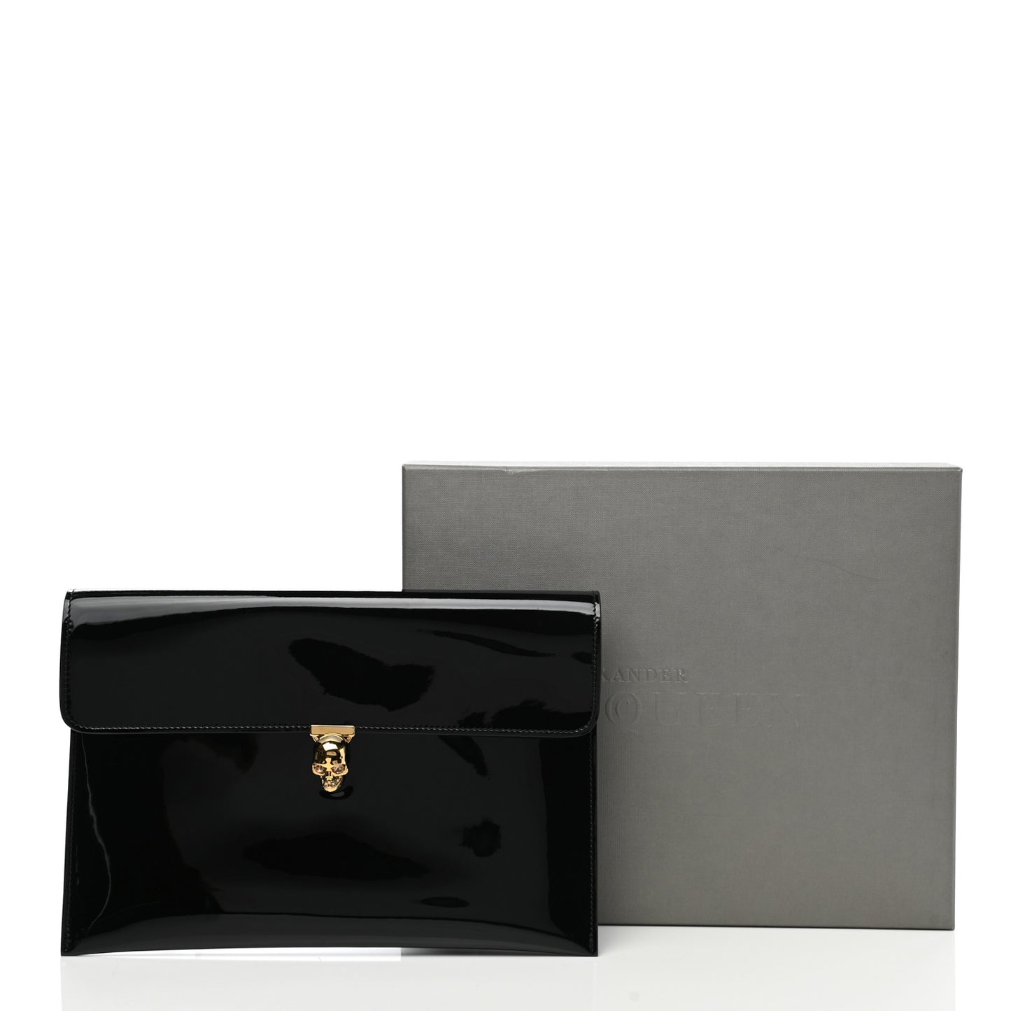 Patent Skull Lock Envelope Clutch Black