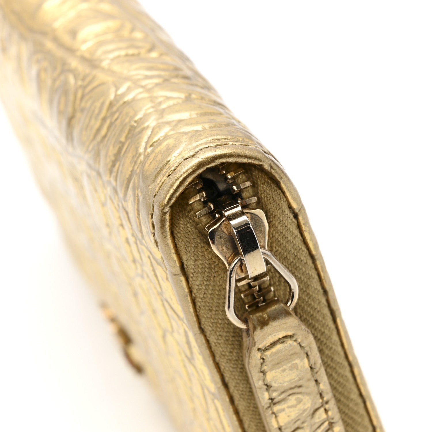 Chanel Metallic Calfskin Crocodile Embossed Small Zip Wallet Gold