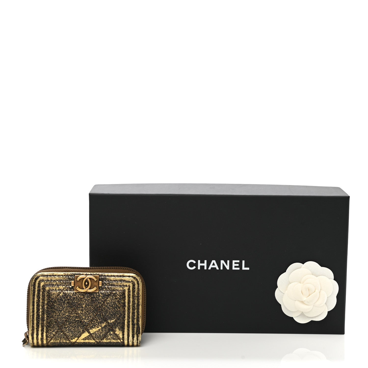 Chanel Cracked Metallic Calfskin Quilted Boy Zip Around Coin Purse Wallet Gold 8 of 8