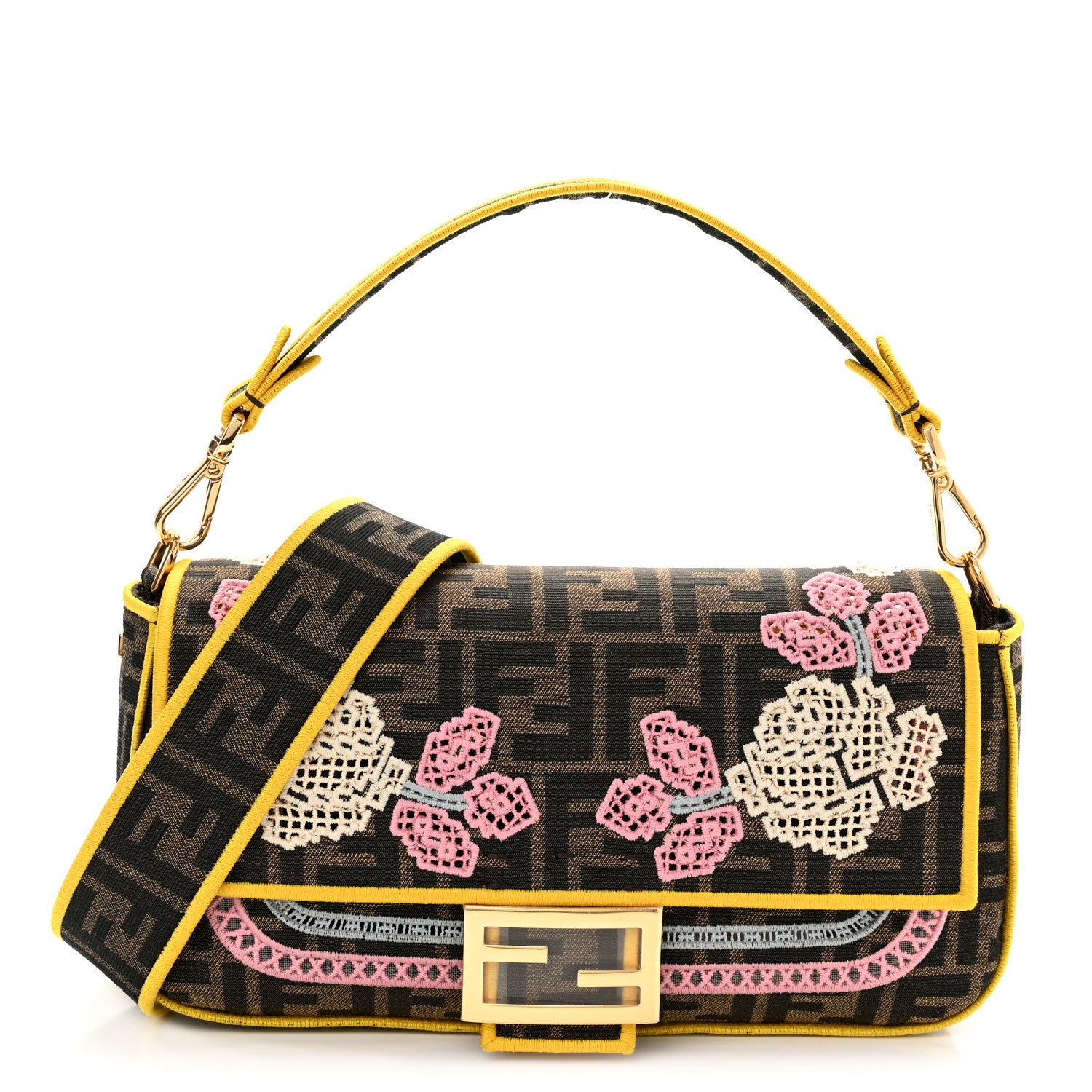 Fendi Fabric Jacquard FF Floral Embroidered Baguette Tobacco Moro Multicolor 1 of 10