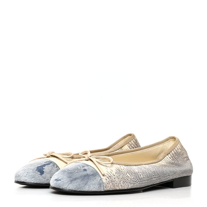 Chanel Snakeskin Pony Hair CC Cap Toe Ballerina Flats 39 Blue White 3 of 8