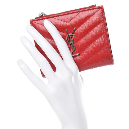 Saint Laurent Grain De Poudre Matelasse Chevron Monogram Zipped Card Case Rouge 2 of 10