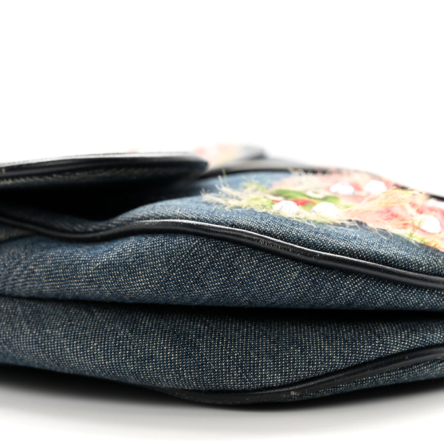 Denim Crystal Floral Embroidered Saddle Bag Multicolor