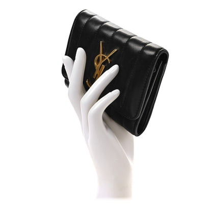 Saint Laurent Lambskin Matelasse Monogram Vicky Tri-Fold Wallet Black 2 of 8