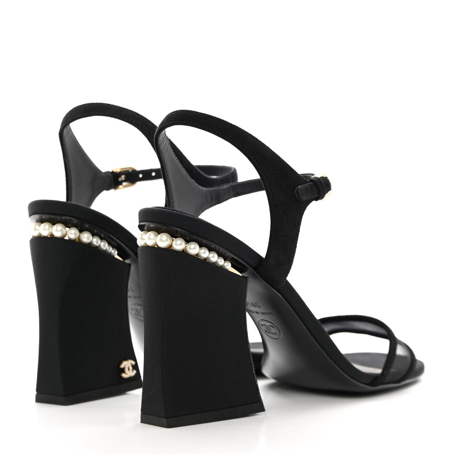 Lambskin Grosgrain Open Toe Pearl Sandal Heels 39.5 Black