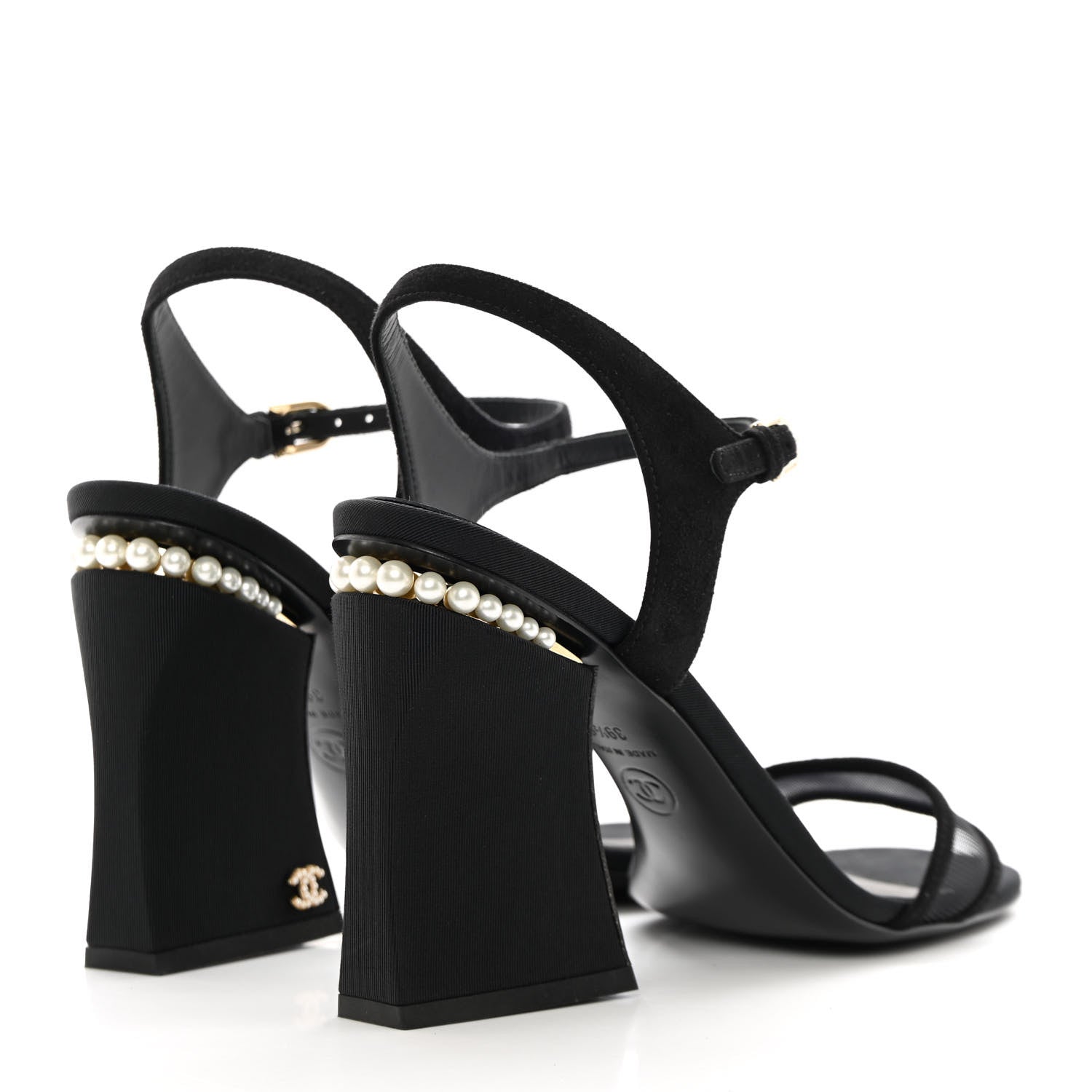 Chanel Lambskin Grosgrain Open Toe Pearl Sandal Heels 39.5 Black 4 of 12