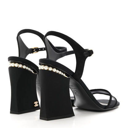 Chanel Lambskin Grosgrain Open Toe Pearl Sandal Heels 39.5 Black 4 of 12