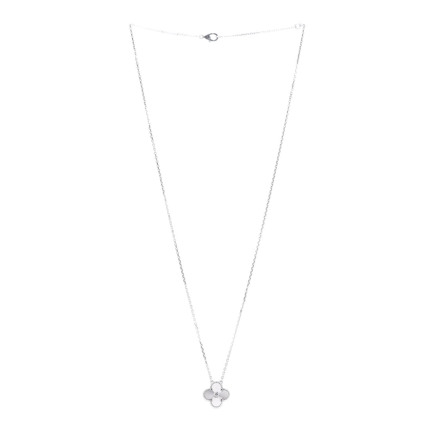 18K White Gold Diamond Guilloche Vintage Alhambra Pendant Necklace