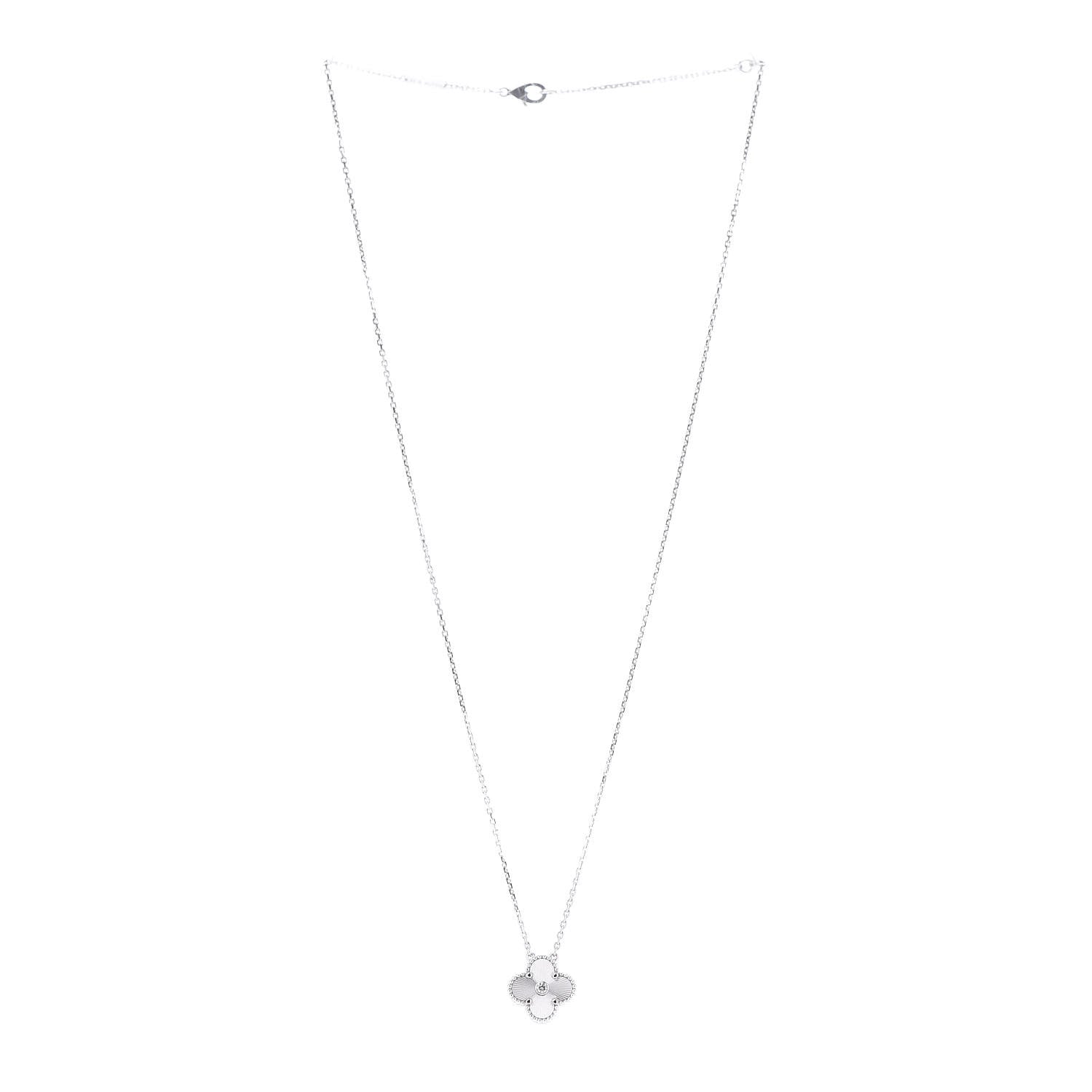 Van Cleef & Arpels 18K White Gold Diamond Guilloche Vintage Alhambra Pendant Necklace 3 of 7