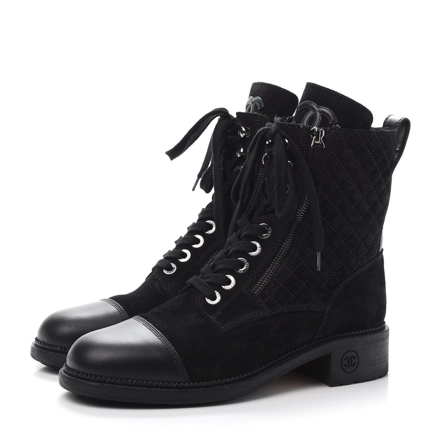 Suede Quilted CC Lace Up Combat Boots 41 Black
