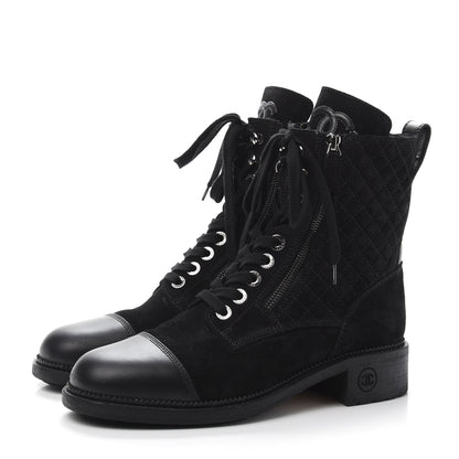 Chanel Suede Quilted CC Lace Up Combat Boots 41 Black 3 of 8