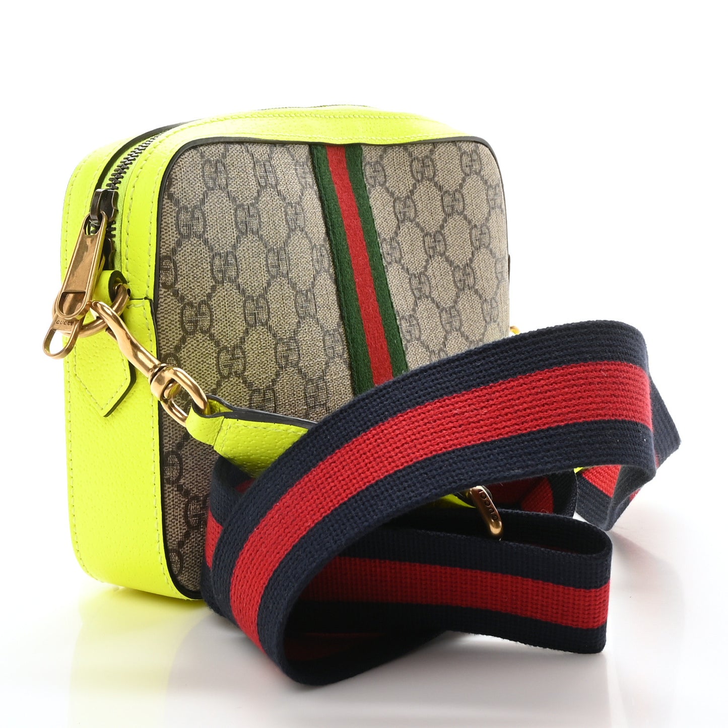 GG Supreme Monogram Textured Dollar Calfskin Web Ophidia Wristlet Shoulder Bag Beige Ebony Fluo Yellow