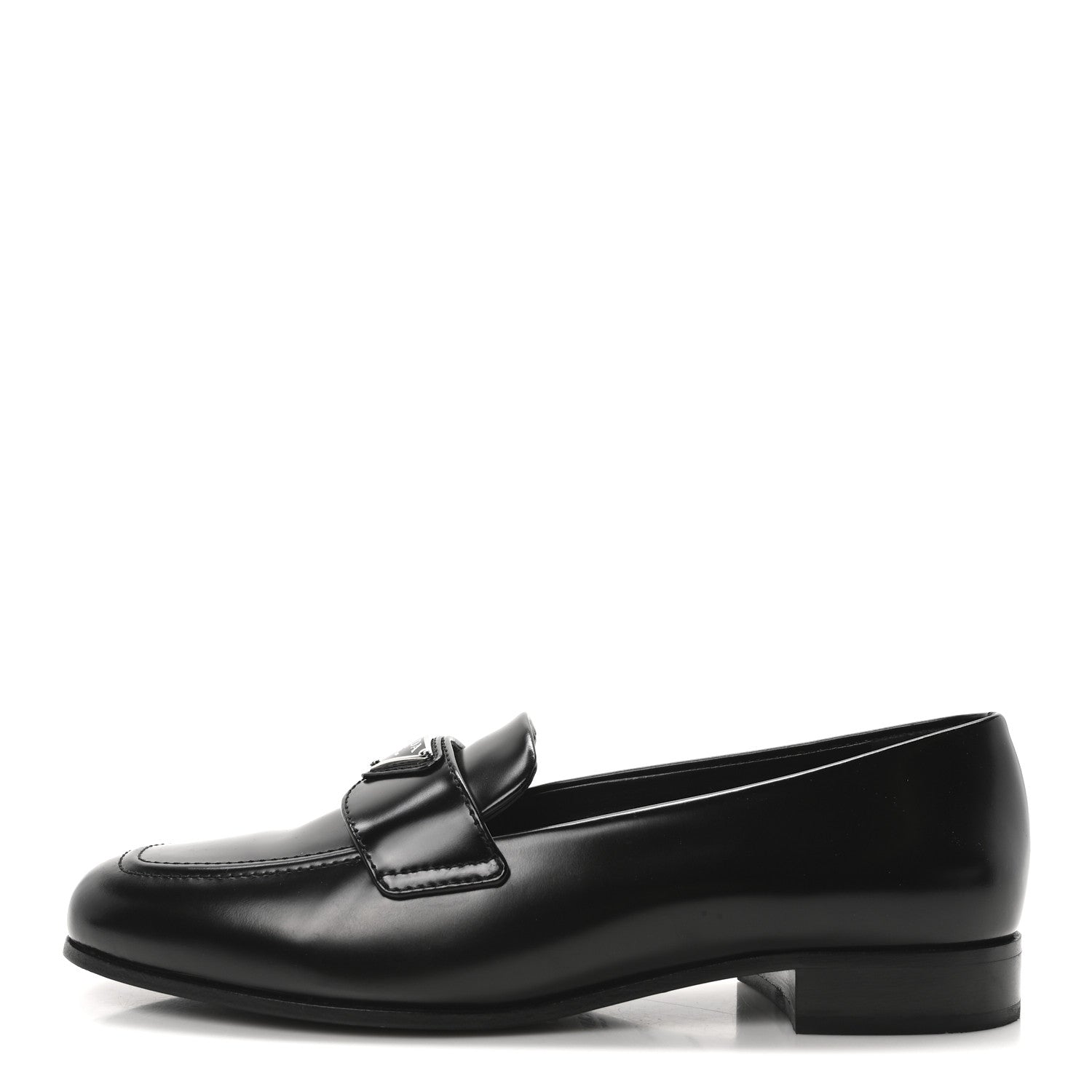 Prada Brushed Calfskin Metal Triangle Logo 20mm Loafers 36.5 Black 1 of 9