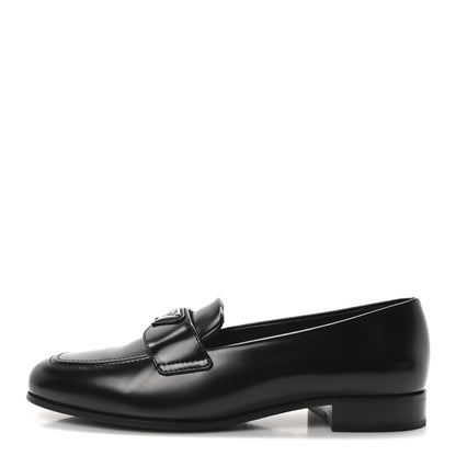 Prada Brushed Calfskin Metal Triangle Logo 20mm Loafers 36.5 Black 1 of 9