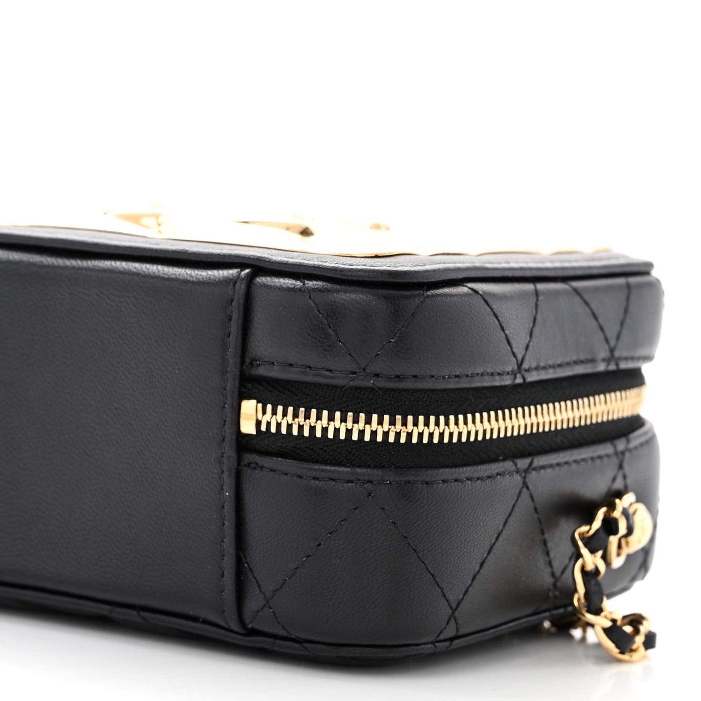 Lambskin Metal Quilted Mini Vanity Case With Chain Black Gold