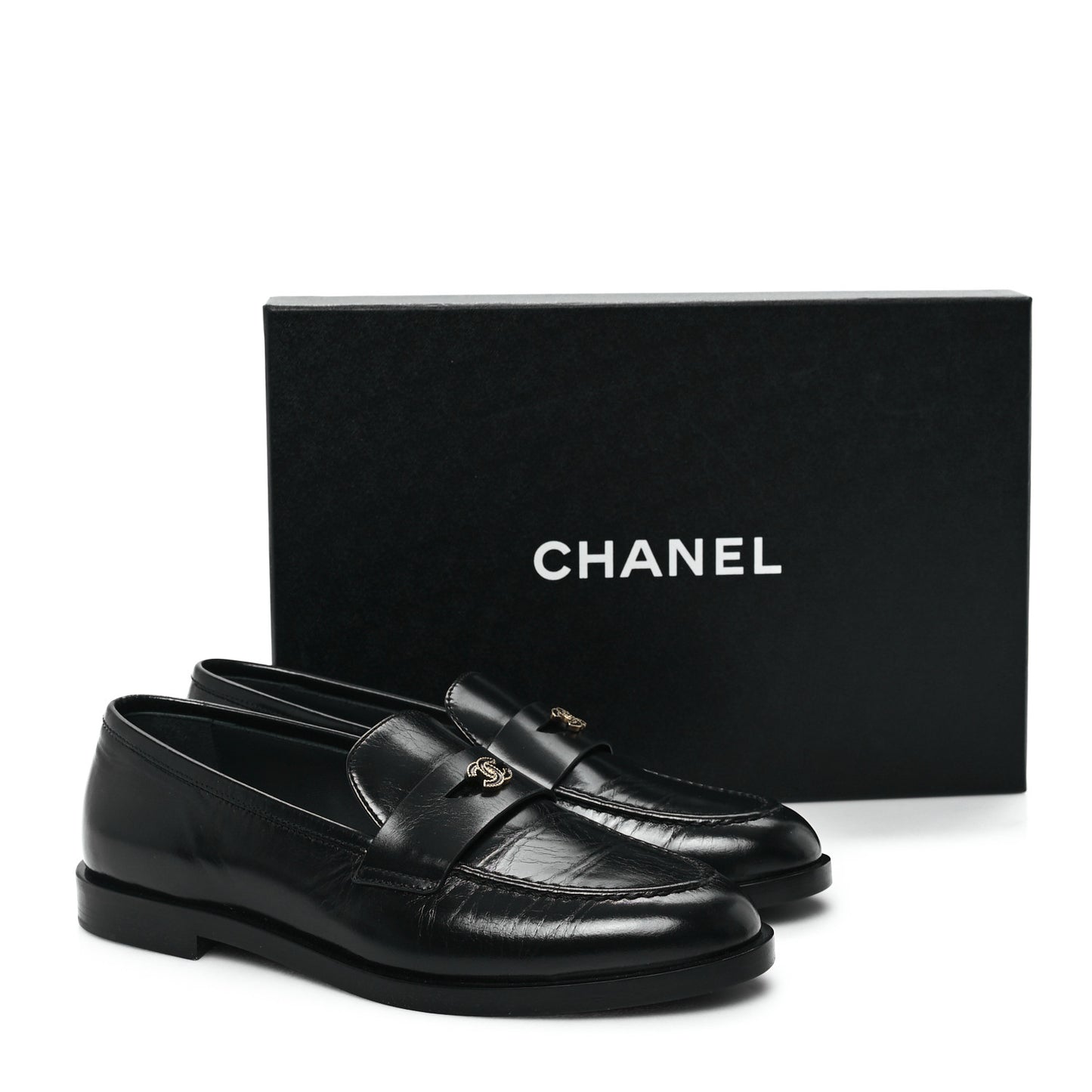 Shiny Calfskin CC Moccasin Loafers 36 Black