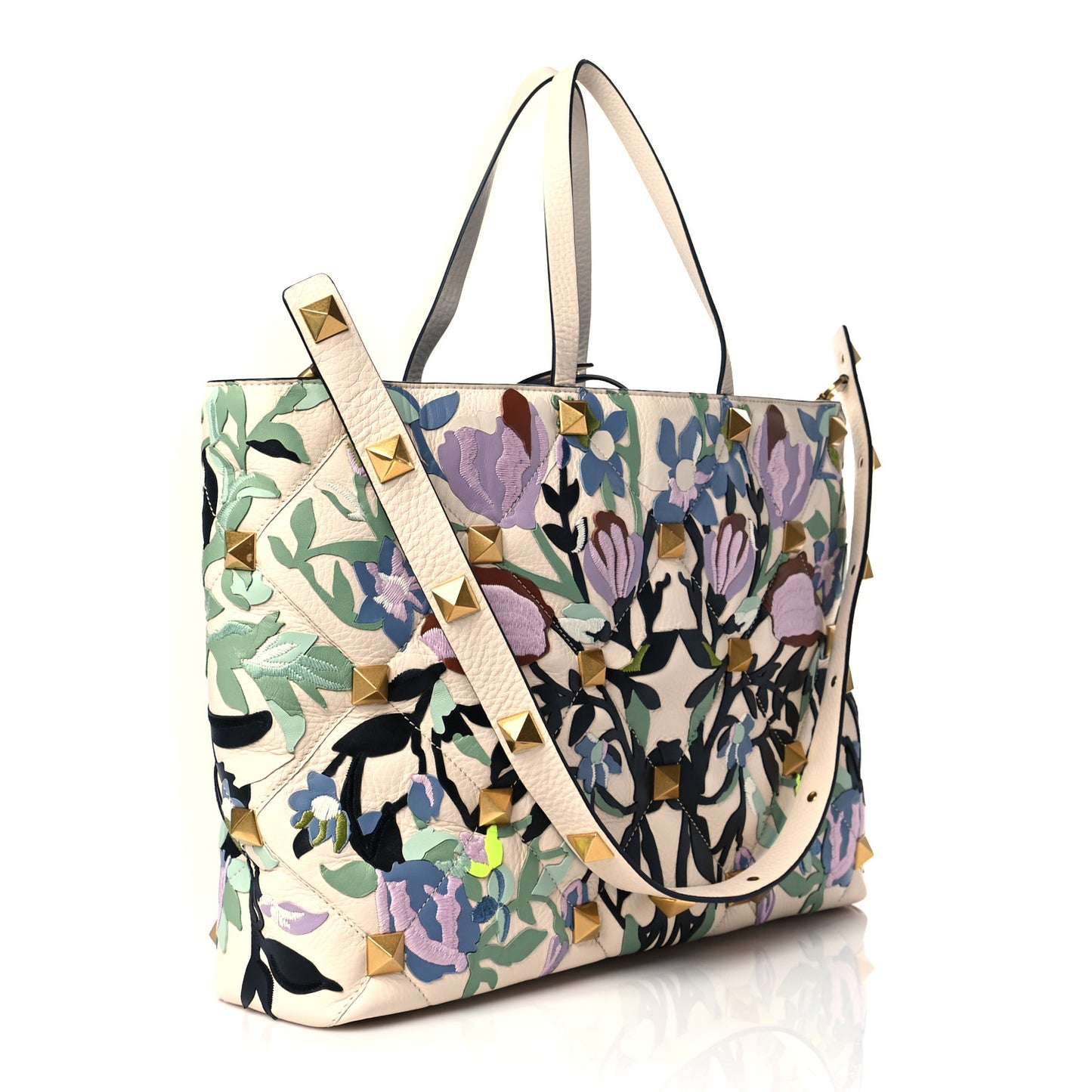 Grained Calfskin Embroidered Large Roman Stud Tote Multicolor