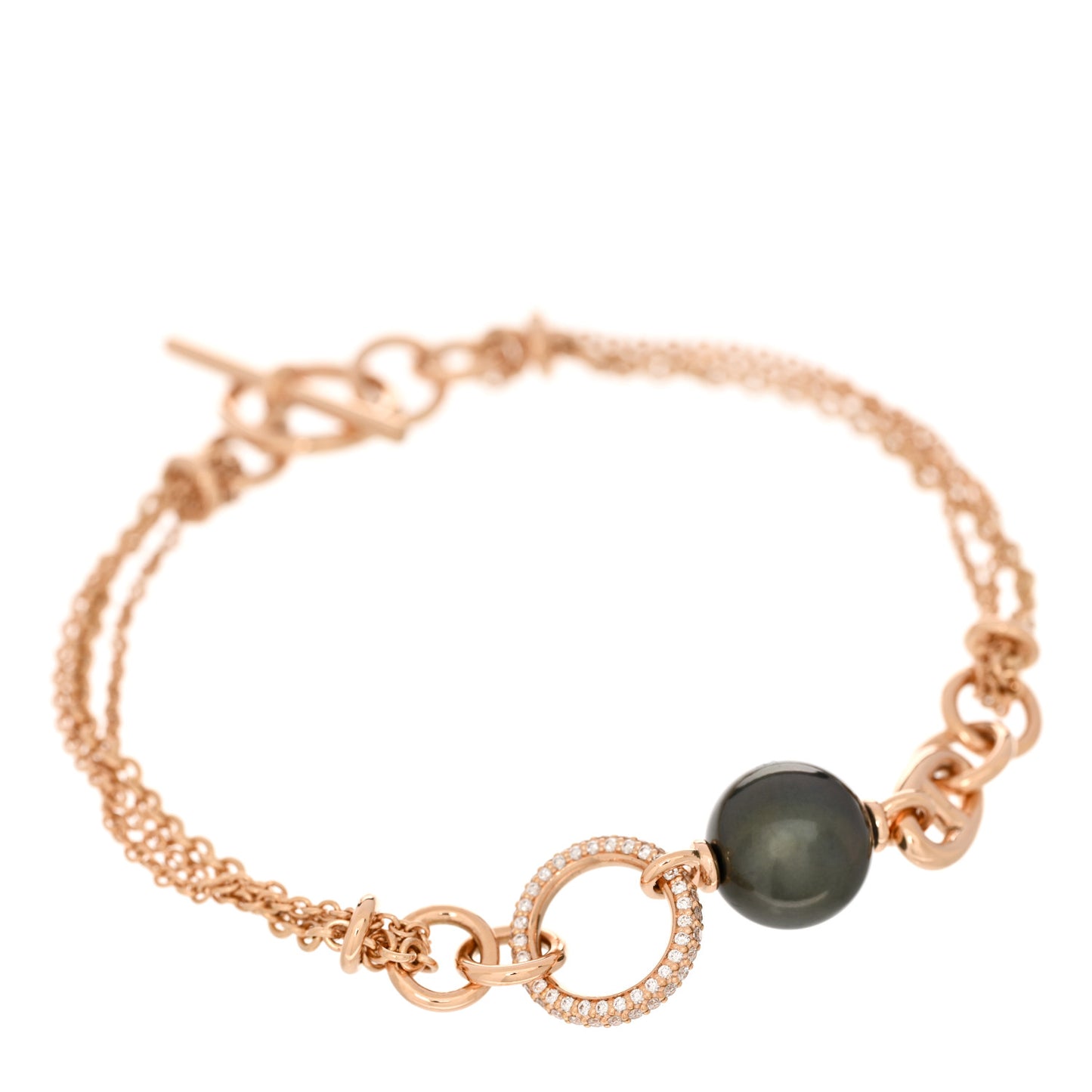 18K Rose Gold Diamond Black Tahitian Pearl Albertine Bracelet SH