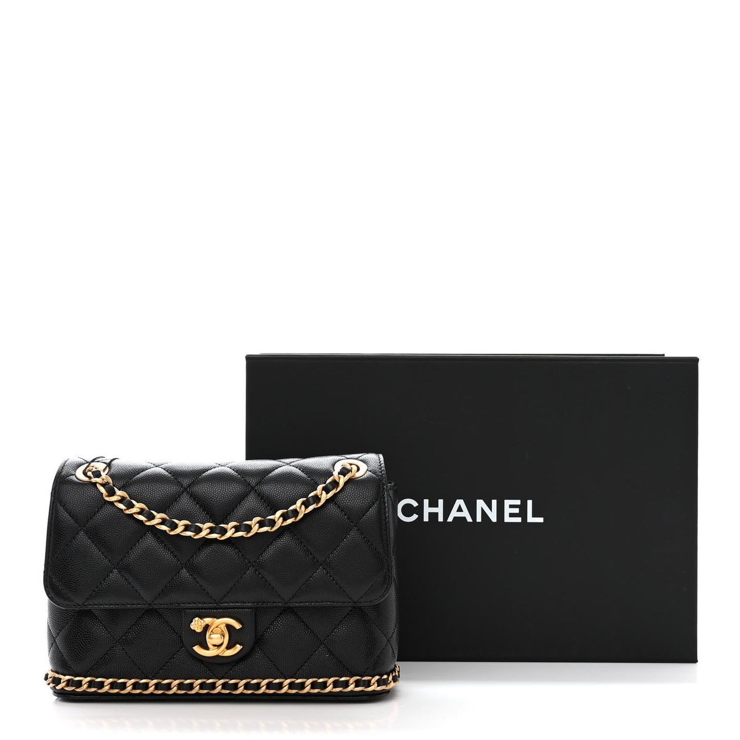 Caviar Quilted Camellia Chain Around Flap Black