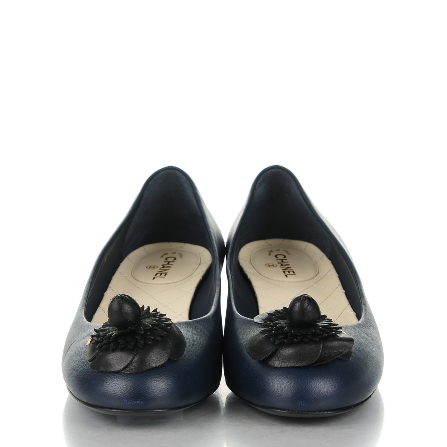 Lambskin Patent Calfskin Pearl Camellia Cap Toe Pumps 37 Dark Navy Blue