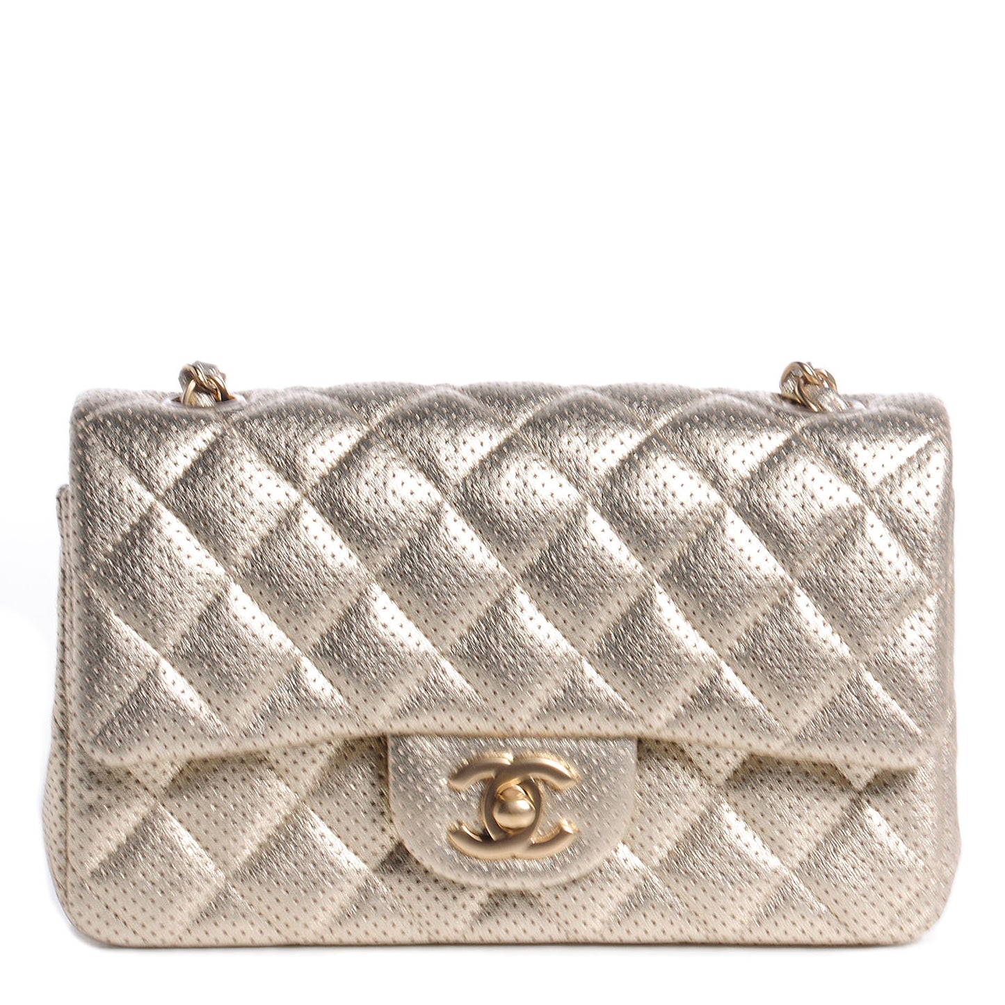 Metallic Lambskin Perforated Mini Rectangular Flap Light Gold