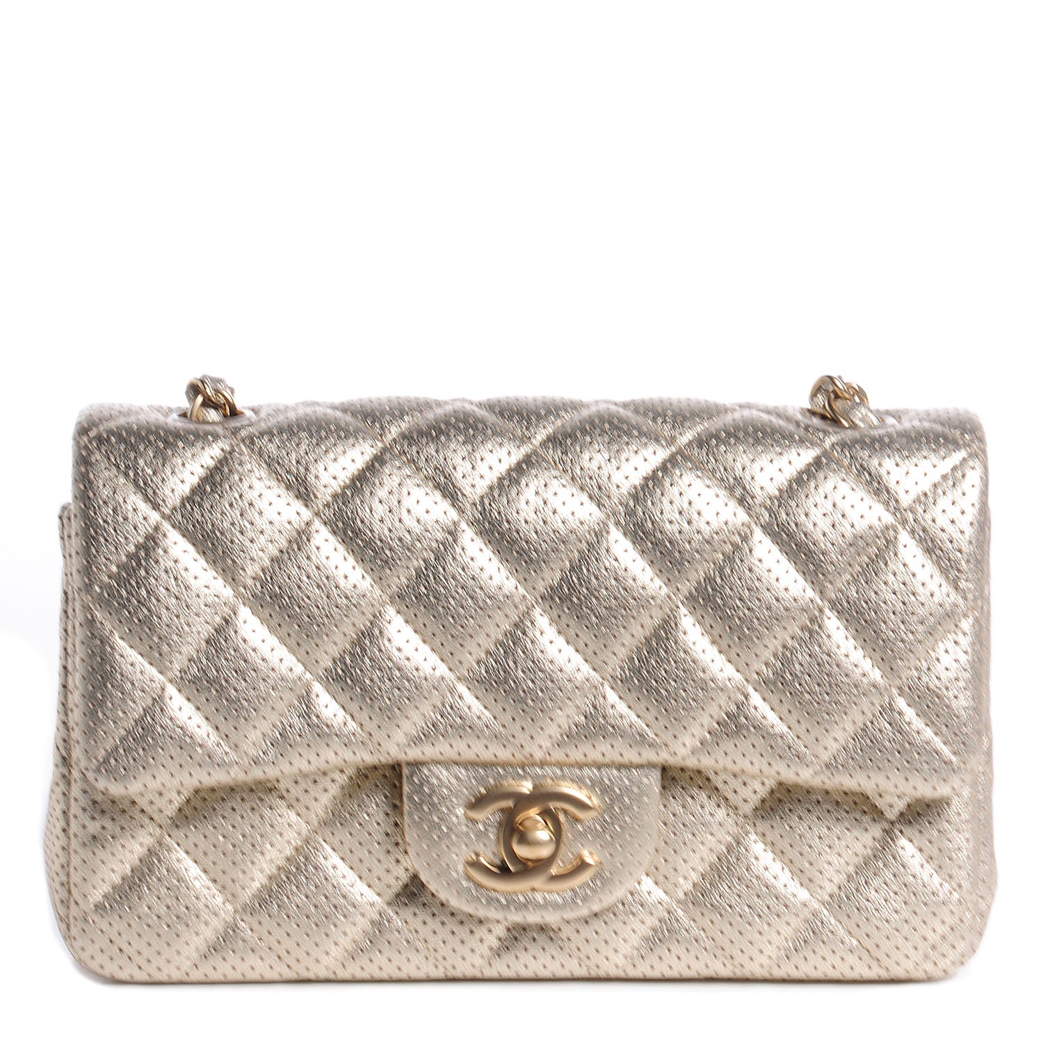 Chanel Metallic Lambskin Perforated Mini Rectangular Flap Light Gold 1 of 8