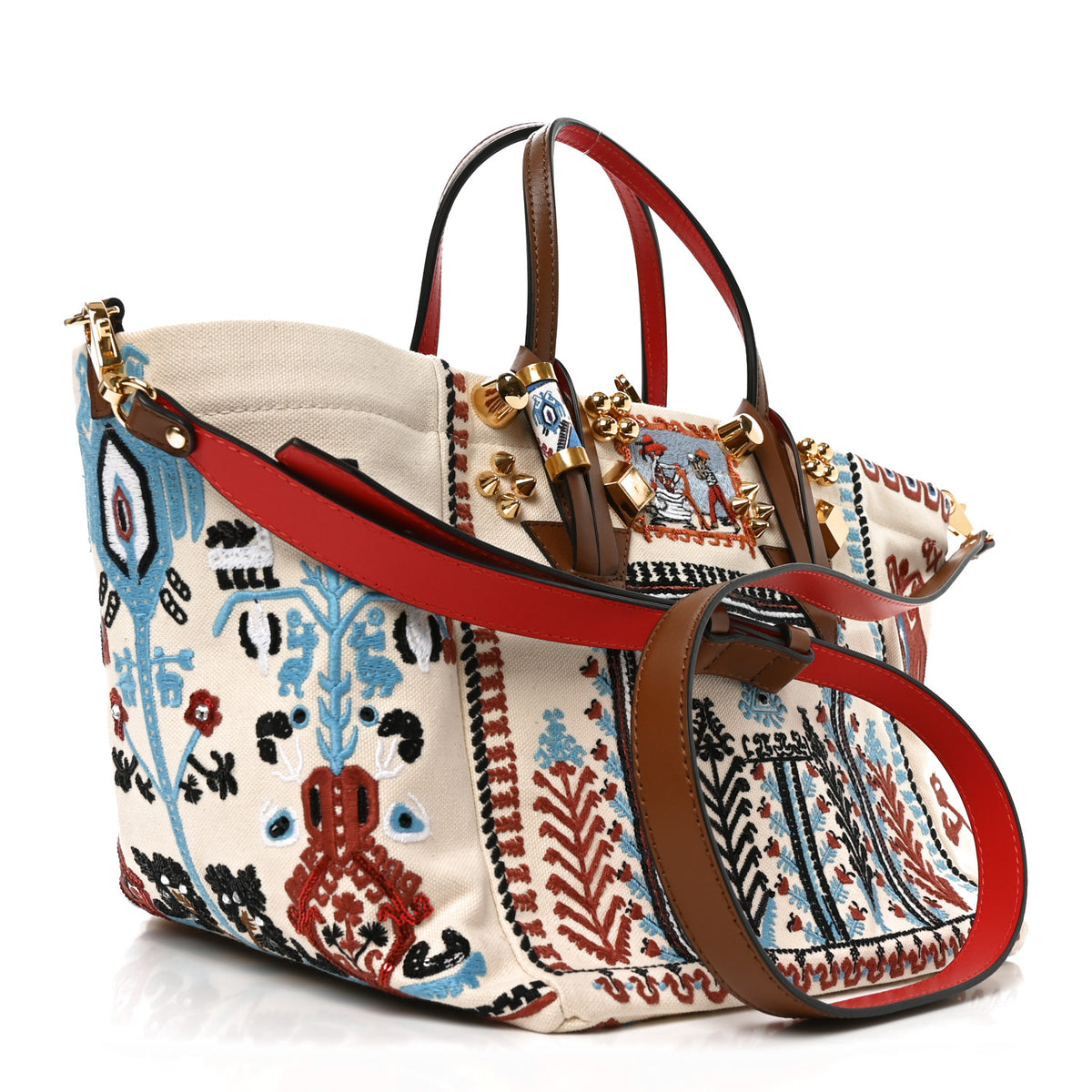 Frise Broderie Calfskin Greekaba Tote Biscotto Multicolor