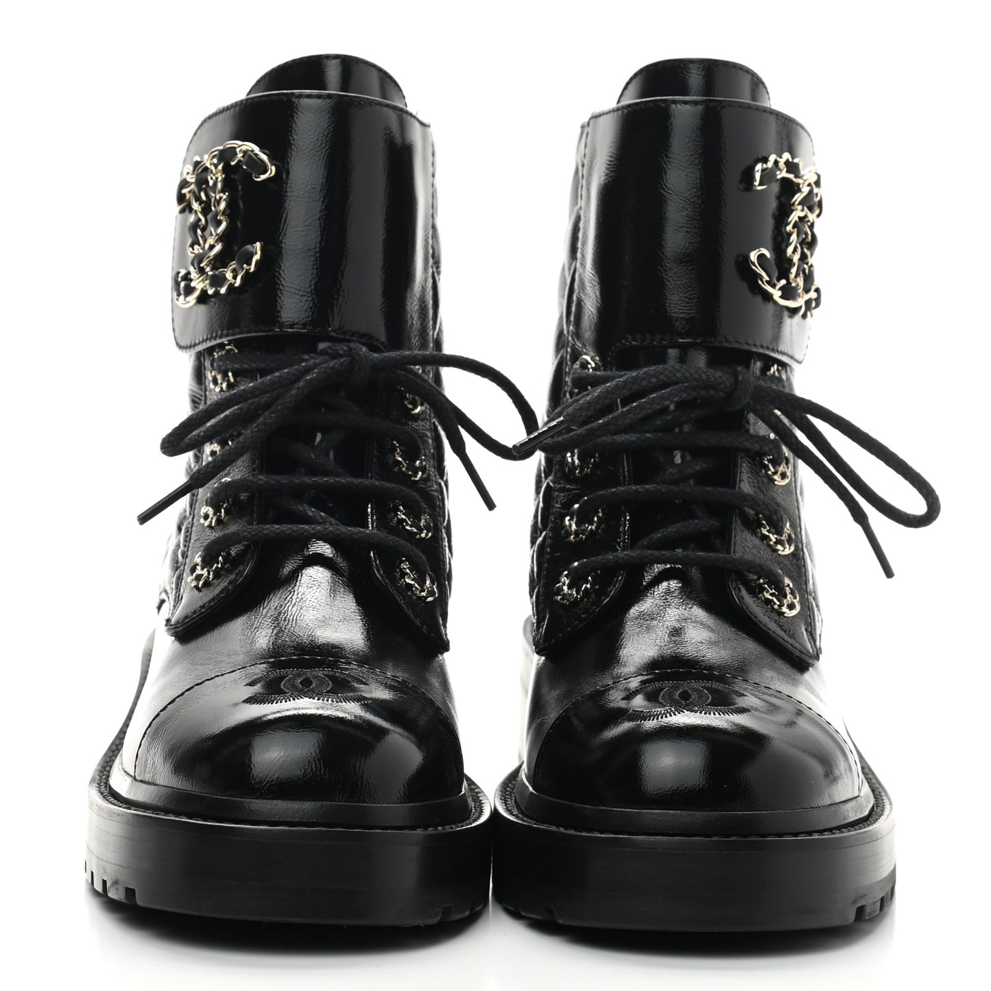 Shiny Calfskin Quilted Lace Up Combat Boots 36 Black