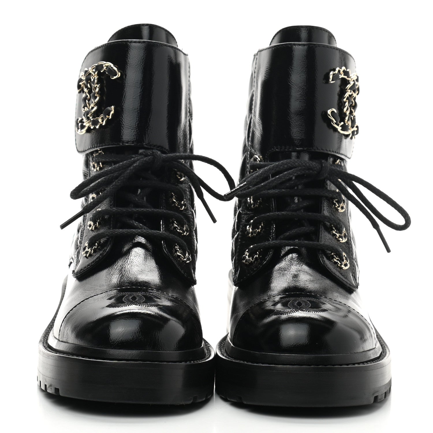 Chanel Shiny Calfskin Quilted Lace Up Combat Boots 36 Black 2 of 7