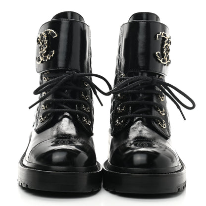 Chanel Shiny Calfskin Quilted Lace Up Combat Boots 36 Black 2 of 7