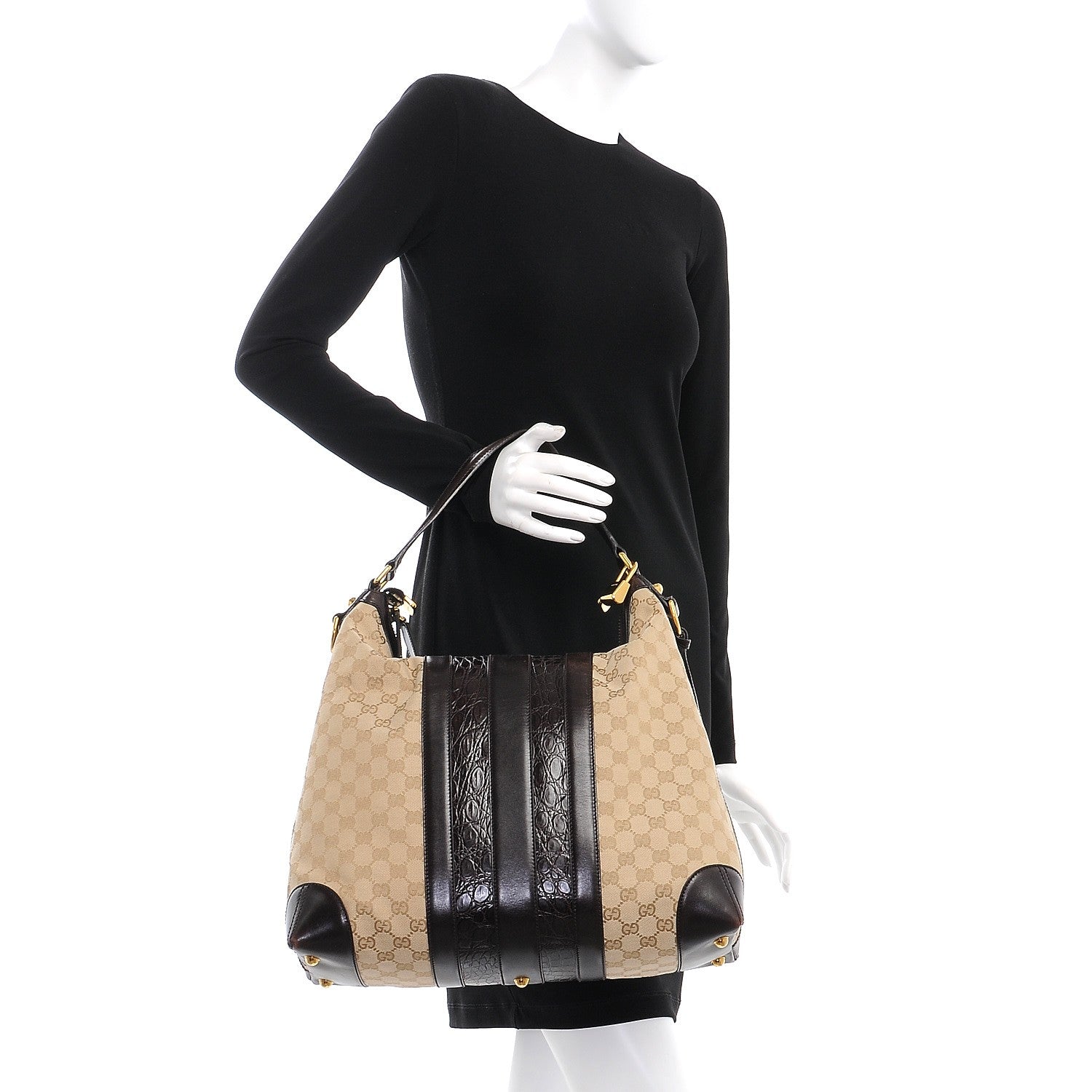 Gucci Monogram Crocodile Web Medium Secret Hobo Dark Brown 3 of 10