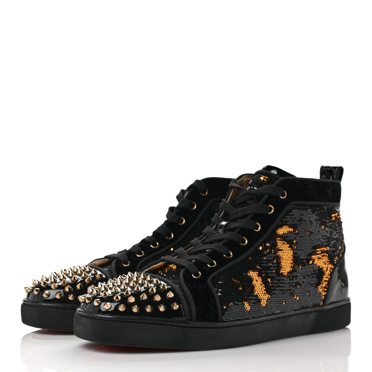 Christian Louboutin Sequin Patent Mens Louis Spikes Orlato Flat Sneakers 45 Black Gold Bronzo 3 of 7