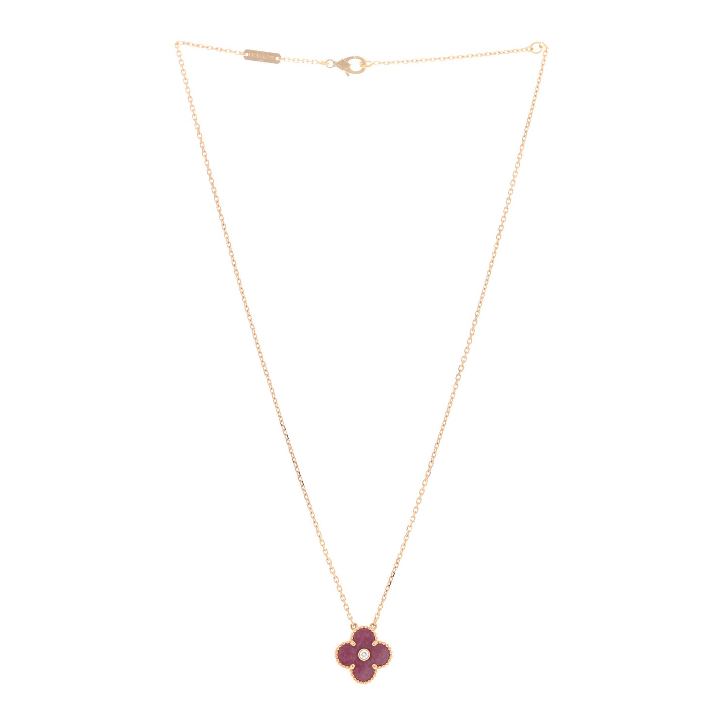 18K Rose Gold Diamond Rhodonite Vintage Alhambra Pendant Necklace