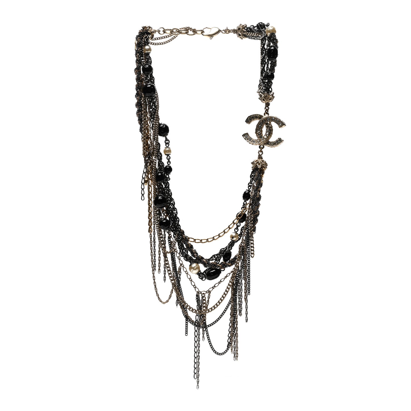 Pearl Bead Chain CC Multi Strand Necklace Gold Ruthenium Black