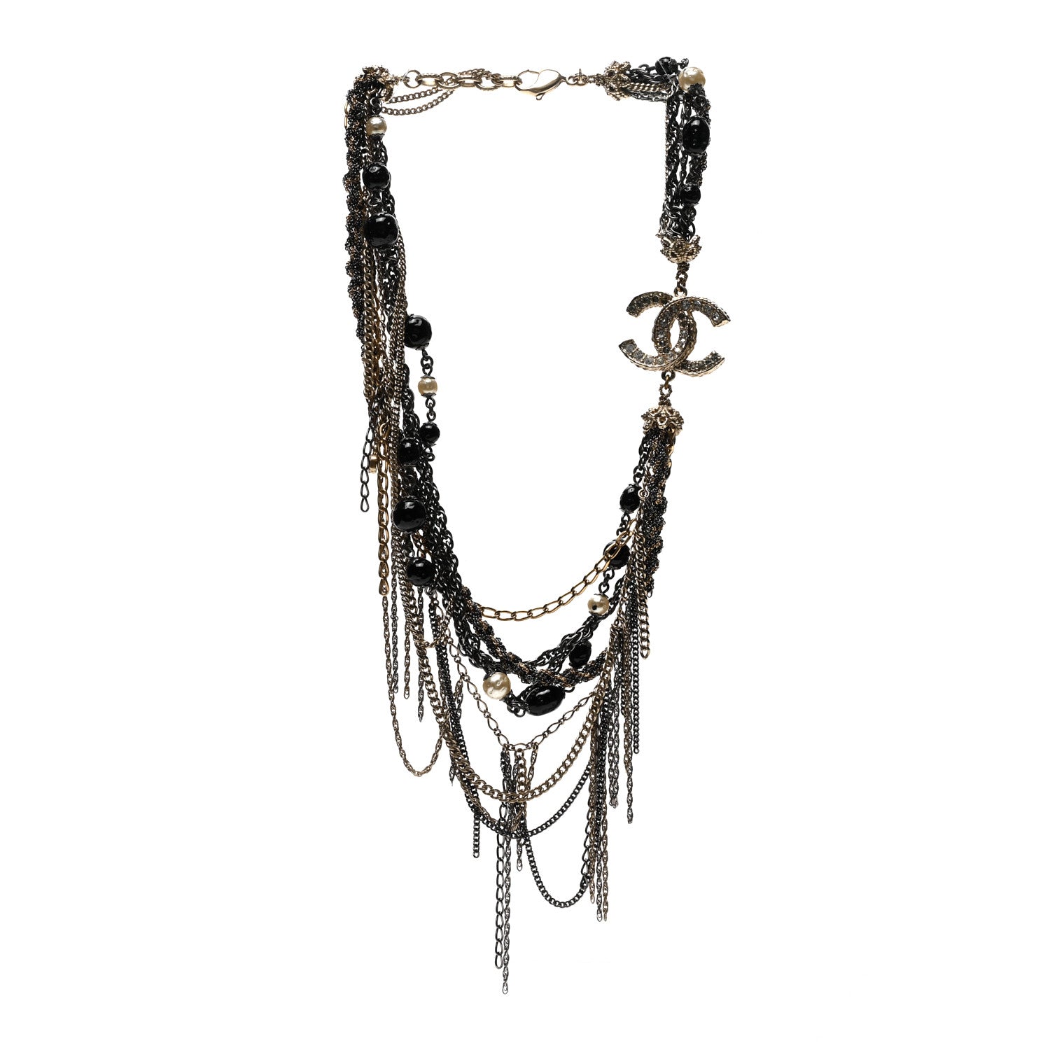 Chanel Pearl Bead Chain CC Multi Strand Necklace Gold Ruthenium Black 4 of 7