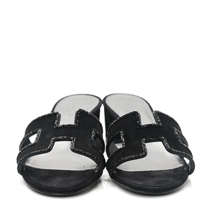 Hermes Suede Goatskin Rhinestone Oasis Sandals 37.5 Black 2 of 9