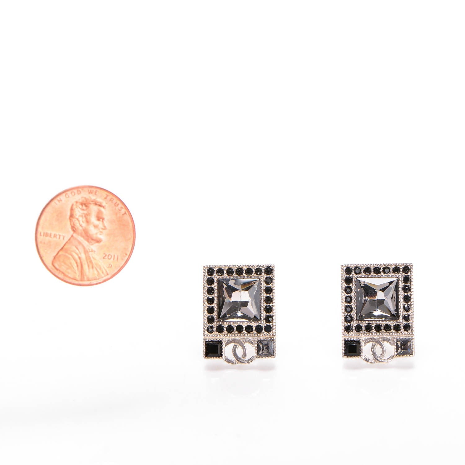 Chanel Crystal CC Square Earrings Black Silver 2 of 5