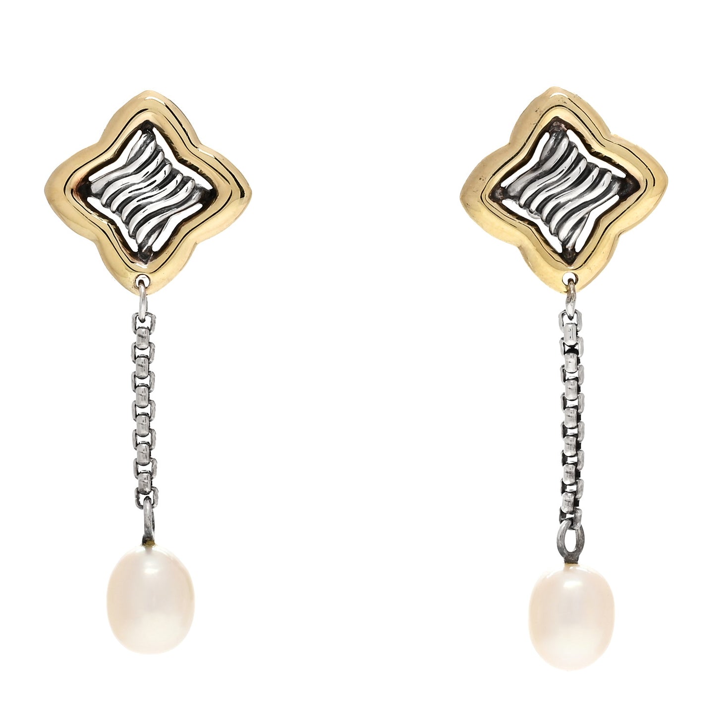 Sterling Silver 18K Yellow Gold Pearl Quatrefoil Drop Earrings