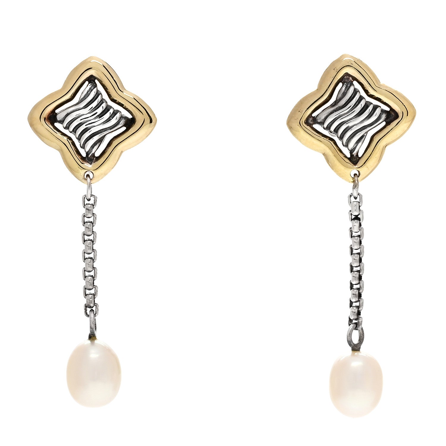 David Yurman Sterling Silver 18K Yellow Gold Pearl Quatrefoil Drop Earrings 1 of 4