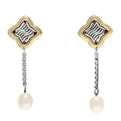 David Yurman Sterling Silver 18K Yellow Gold Pearl Quatrefoil Drop Earrings 1 of 4