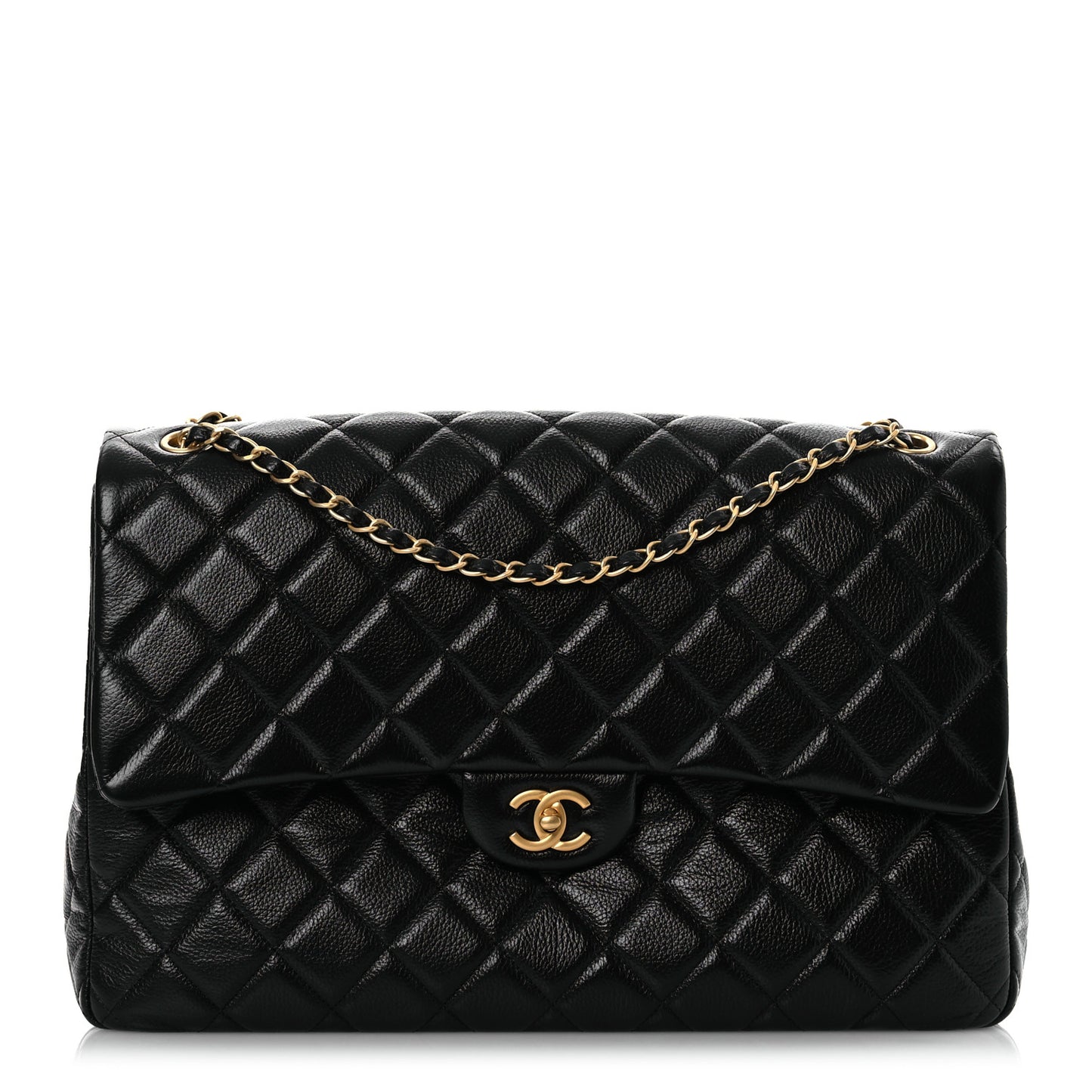 Grained Calfskin Quilted XXL Travel Flap Bag Black