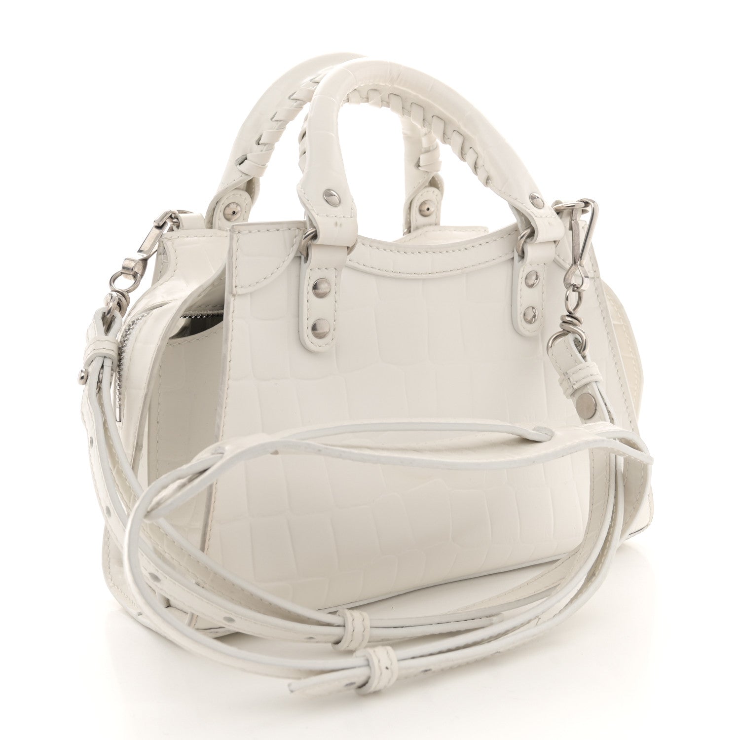 Balenciaga Semi Shiny Calfskin Crocodile Embossed Neo Classic Silver Hardware Mini City White 3 of 17