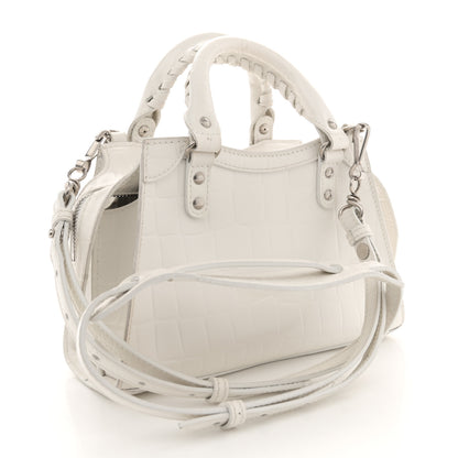 Balenciaga Semi Shiny Calfskin Crocodile Embossed Neo Classic Silver Hardware Mini City White 3 of 17