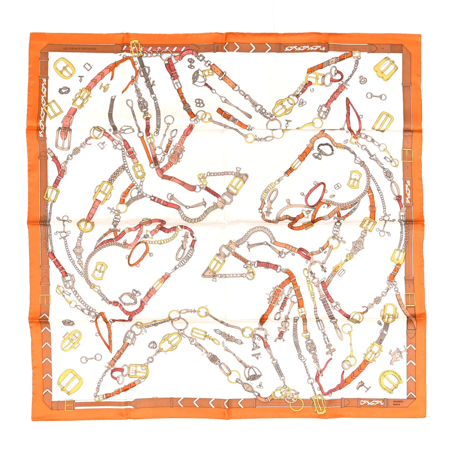 Silk Les Cheveaux Dechaines Scarf 90 Cream Orange Cuit