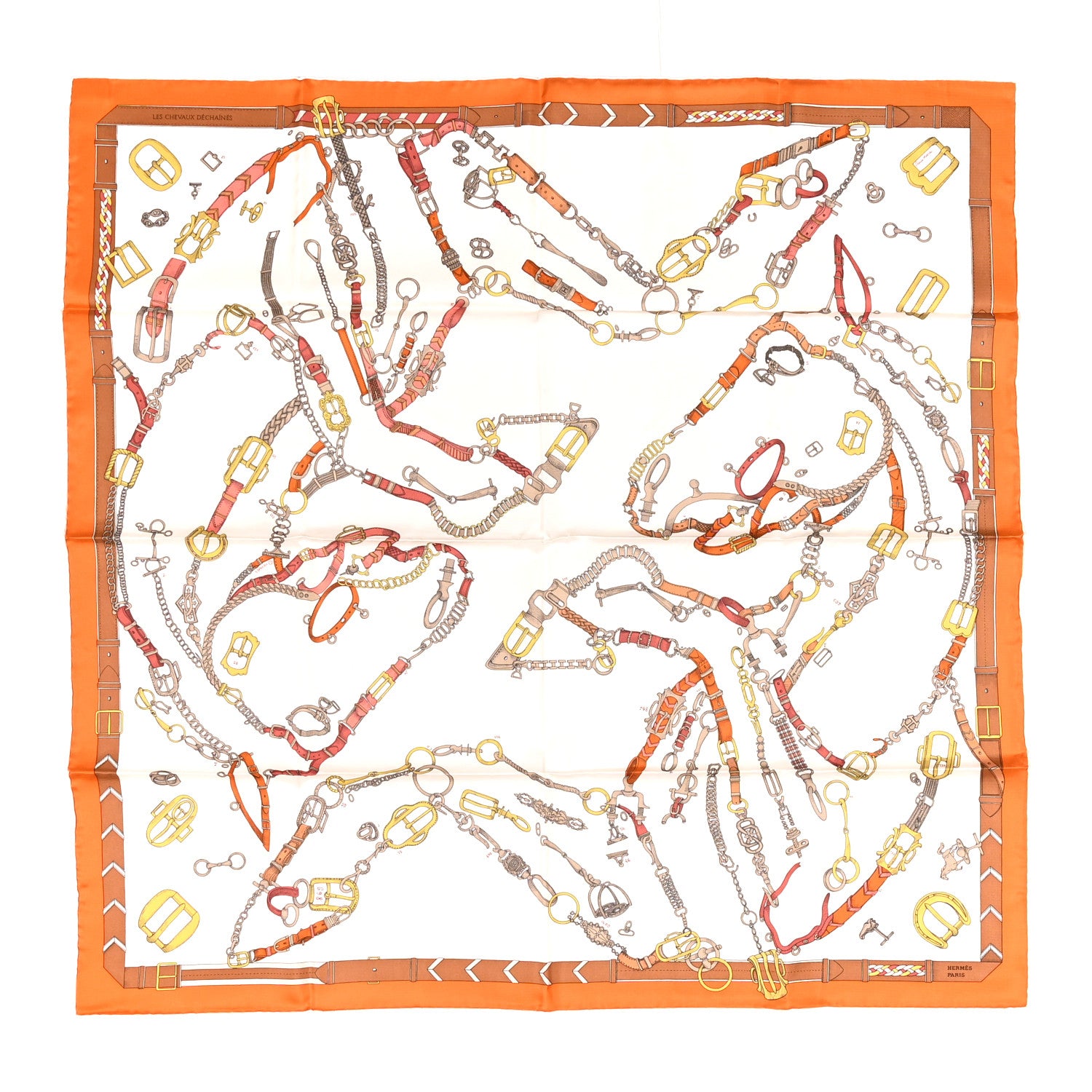 Hermes Silk Les Cheveaux Dechaines Scarf 90 Cream Orange Cuit 1 of 5