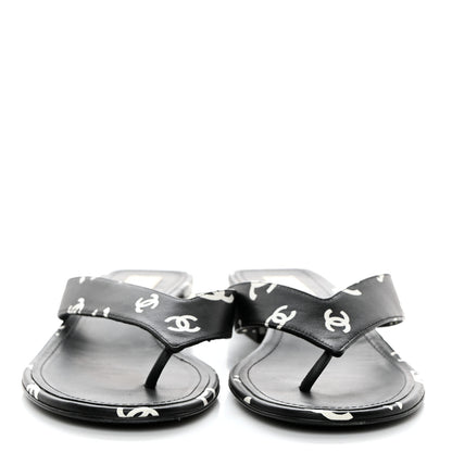 Chanel Printed Lambskin Coco Beach Thong Sandals 37 Black White 2 of 9