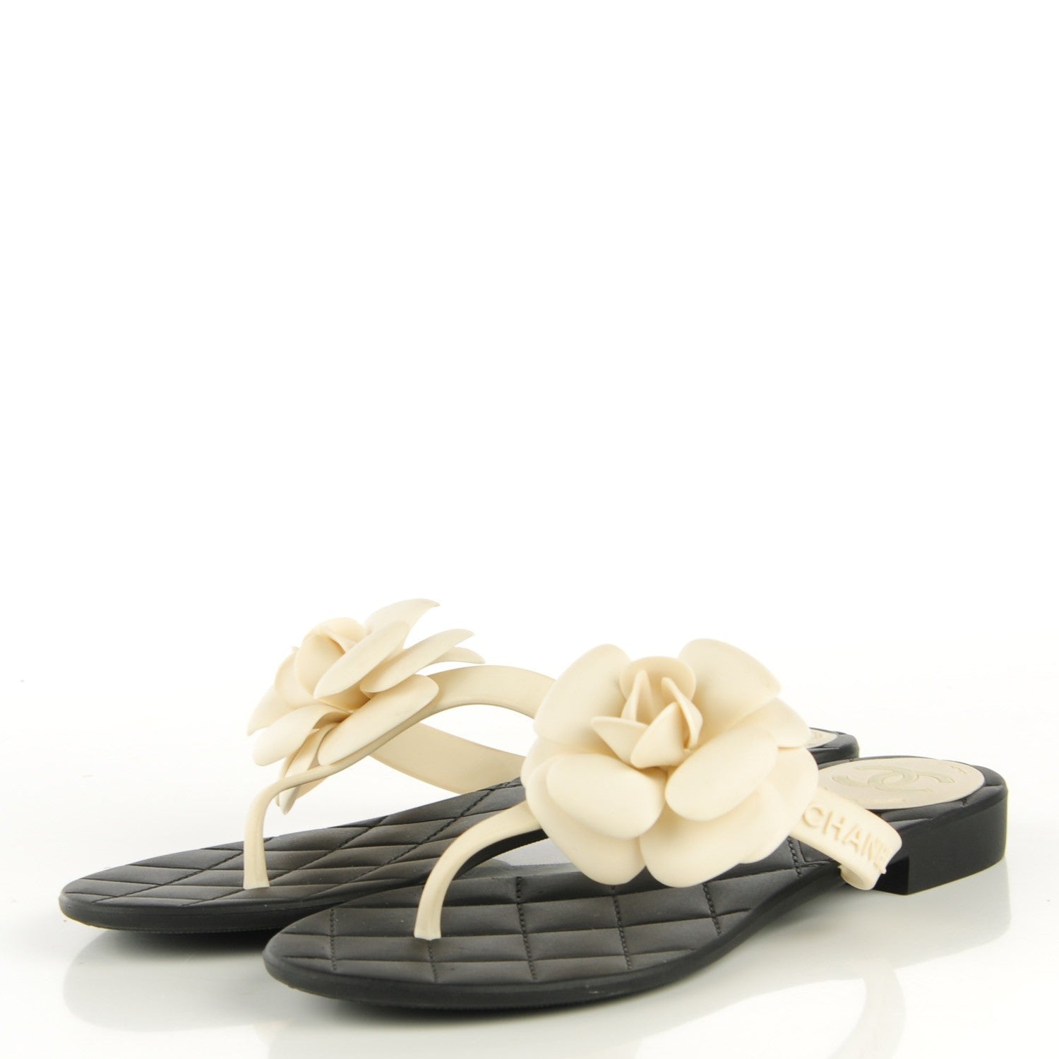 Chanel Jelly Quilted Camellia Thong Sandals 36 Black White 3 of 7