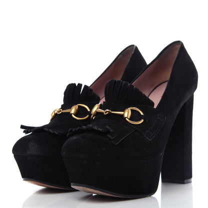 Gucci Kid Scamosciato Horsebit Fringe Loafer Pumps 37.5 Black 3 of 10