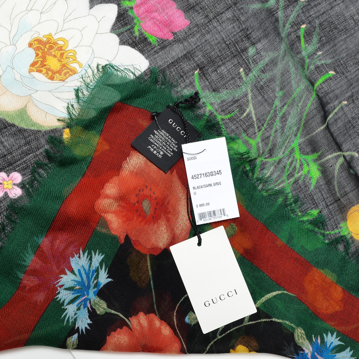Gucci Wool Silk Floral Web Square Scarf Black Dark Green 4 of 5